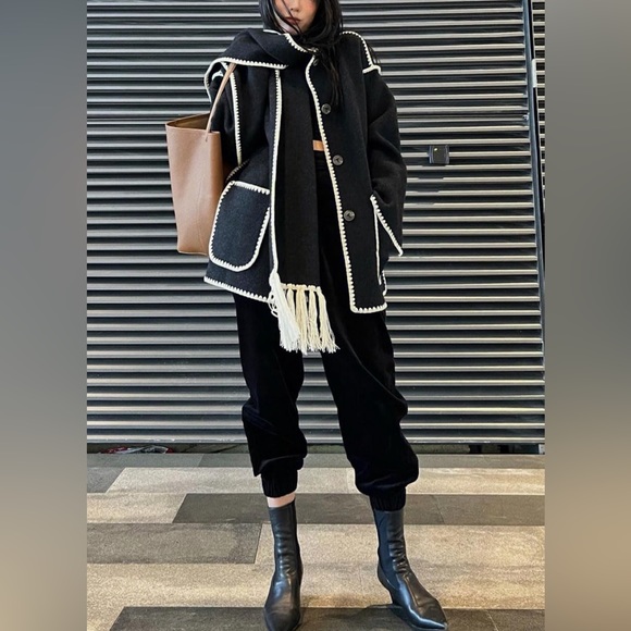 Jackets & Blazers - Removable Scarf Collarless Wool Jacket Business Casual Oversized Winter Coat